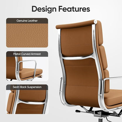 Genuine Leather Office Chair, Padded Executive Desk Chair with Arms, Wheels, Lumbar Support, Aluminum Base (Light Brown, High-Back)
