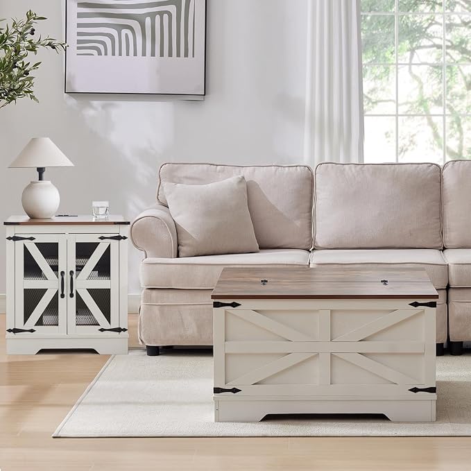 Farmhouse Coffee Table and End Table Set with Charging Station 3 Piece Set, White Living Room Tables with Hidden Storage, Rustic Wood Furniture for Home and Office, White