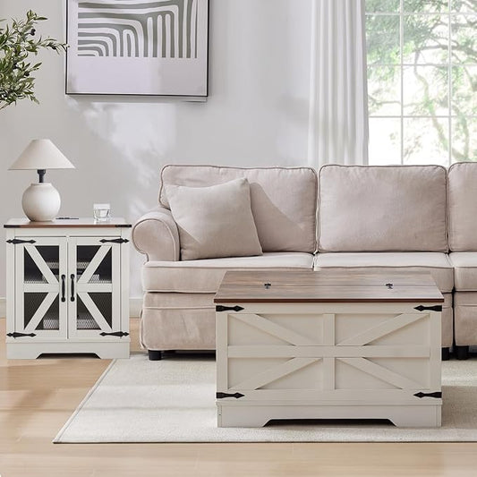 Farmhouse Coffee Table and End Table Set with Charging Station 3 Piece Set, White Living Room Tables with Hidden Storage, Rustic Wood Furniture for Home and Office, White