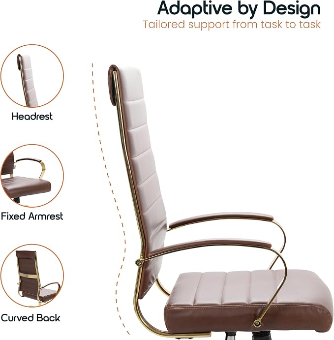 LeisureMod Modern High-Back Leather Office Chair - Swivel & Adjustable Executive Desk Chair with Gold Frame, Ergonomic Design for Home & Office (Brown, Set of 8)