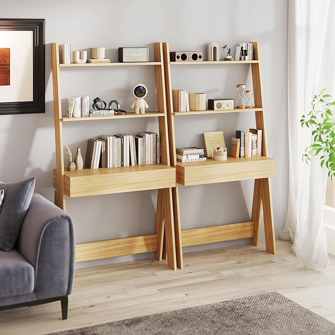 Tangkula Ladder Desk with Countertop & Drawer, Home Office Computer Laptop Table with Open Shelves & Anti-Tip Kits, Wall-Leaning Compact Working Station for Small Spaces (Natural)