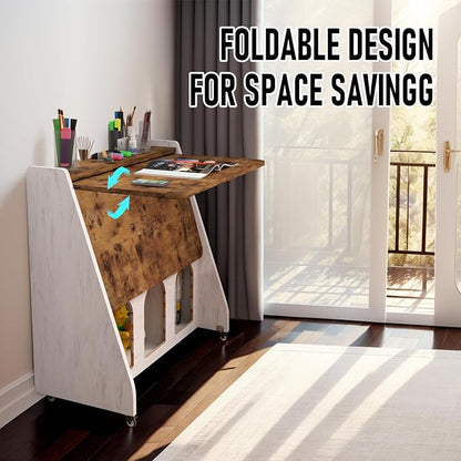Pmnianhua Farmhouse Portable Desk on Wheels,Mobile Workstation,Rolling Computer Desk with Wheels and Storage for Home Office Small Space(Rustic Brown)