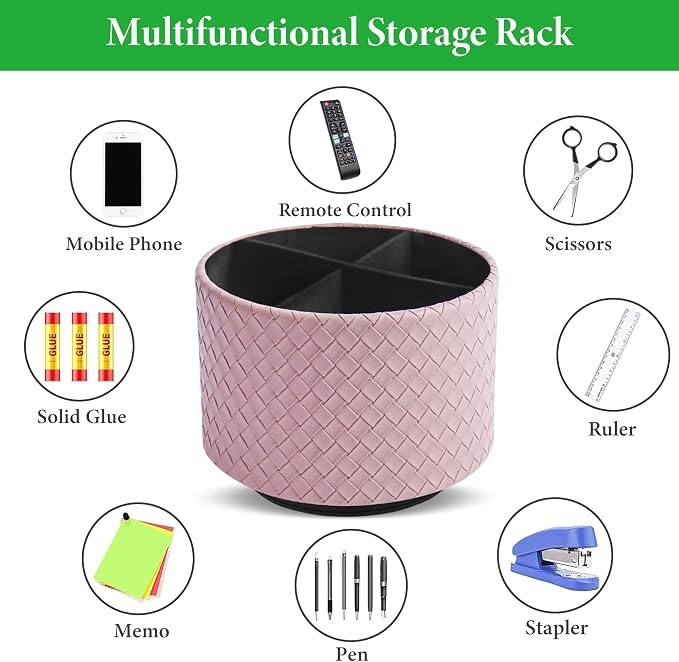 Round Leather Art Supply Organizer,Remote Control Holder,360 Degree Spinning,Multi-Functional Pencil Holder,4 Compartments Desktop Stationary Organizer(1-Weave Purple)