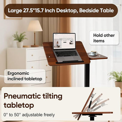 Adjustable Overbed Table with Tilt Board & Wheels, Rolling Bedside Laptop Desk for Hospital Bed Home Office, Height Adjustable Bed Table Tray for Eating Working Reading, 26.18”-42.12”（Brown）