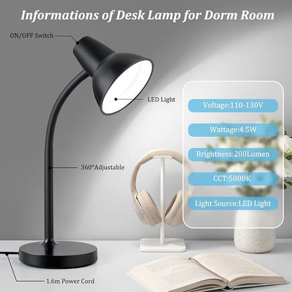 LED Desk Lamp with Flexible Gooseneck, Eye-Caring 4.5W Energy-Saving Study Lamps, Anti-tip Heavy Duty Bedside Reading Light, Desk Lamps for College Dorm Room, Home Office, Modern Lamp with 1.6m Cord