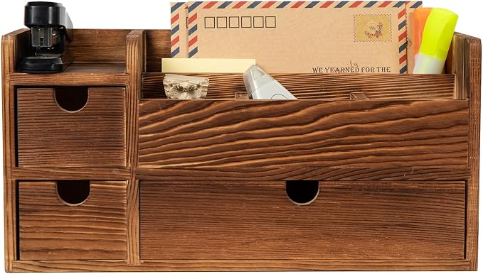 Deep Roast Wooden Desktop Organizer 3 Drawers Office Supplies Storage Caddy Box Stationery Pencil Mail Holder Note Pads Makeup Tools Cosmetics Dark Brown