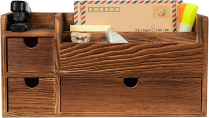 Deep Roast Wooden Desktop Organizer 3 Drawers Office Supplies Storage Caddy Box Stationery Pencil Mail Holder Note Pads Makeup Tools Cosmetics Dark Brown