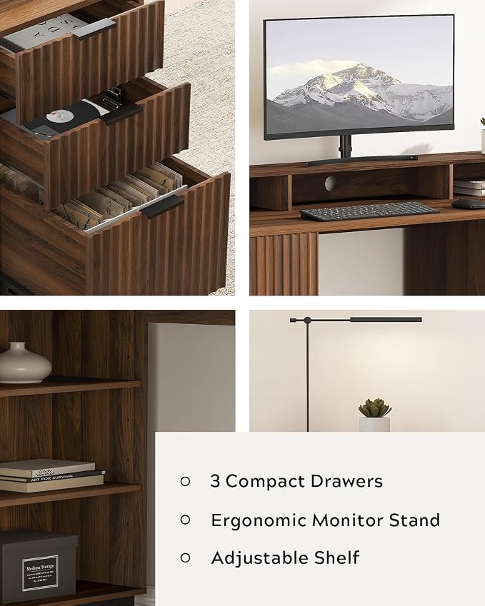 55'' Fluted Executive Desk with Drawers, Modern Home Office Computer Desk with Charging Station, File Drawer, Monitor Stand, Storage Shelf for Work Writing Study, Brown