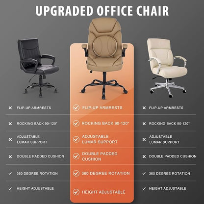 Big Tall Executive Office Chairs with Lumbar Support PU Leather Rocking Managerial Chair Comfy Swivel Desk Chairs with Wheels Flip-up Armrests, Khaki