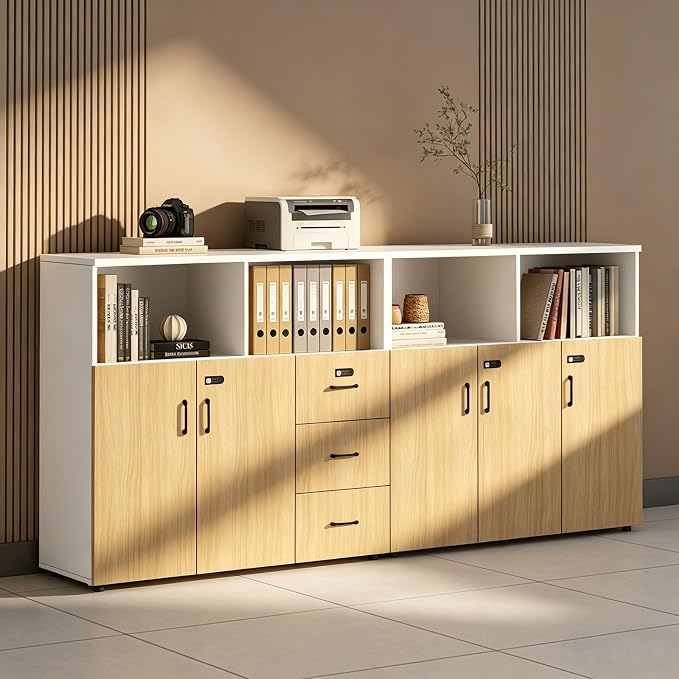 File Cabinet with Password Lock, Wood Lateral Filing Cabinet for Letter/A4 Files, 3 Drawer with Door, Printer Stand with Open Shelves for Home Office