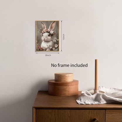 WIARTSH Vintage Easter Bunny Wall Art Poster, White Bunny with Flower Crown Canvas Prints, Cottage Farmhouse Animal Artwork, Rustic Easter Wall Decor for Kids Room Bedroom Living Room 8x10in Unframed