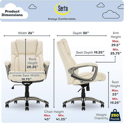 Serta Garret Executive Office Chair, Ergonomic Mid-Back with Lumbar Support, Semi-Plush Cushion and Body Pillows, Padded Armrests, Swivel Base, Bonded Leather, Ivory White