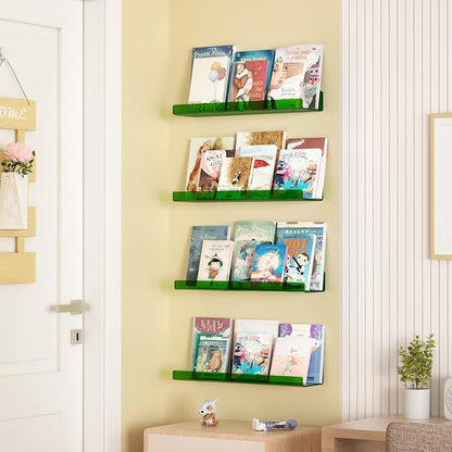upsimples Acrylic Shelves for Wall Decor, 15" Display Shelf Perfume Organizer for Bathroom, Bedroom, Living Room, Floating Bookshelves for Kids, Clear Green, 4 Pack