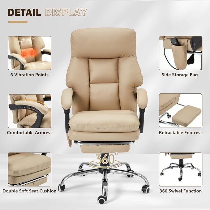 HOMREST Ergonomic Office Chair, Khaki | 6-Point Massage & Heating, Adjustable Executive Design, Retractable Footrest, Dual-Layer Soft Cushion, PU Leather