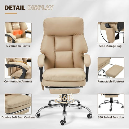 HOMREST Ergonomic Office Chair, Khaki | 6-Point Massage & Heating, Adjustable Executive Design, Retractable Footrest, Dual-Layer Soft Cushion, PU Leather