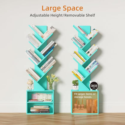 SHEEPAM 10 Tier Tree Bookshelf,Floor Standing Wood Tall Bookcase for Narrow Space, Storage Organizer Bookshelves for Books, Book Case for CDs/Movies/Books,Home Office,Living Room, Bedroom