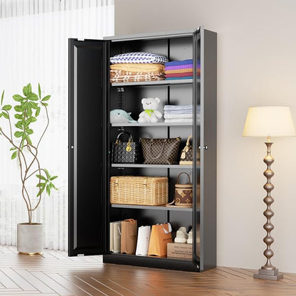 INTERGRAET Kitchen Pantry Cabinet, 63" Tall Metal Pantry Storage Cabinets with 2 Doors and 4 Shelves, Metal Storage Cabinet,Cupboard for Home,Kitchen,Living Room/Dining, Black