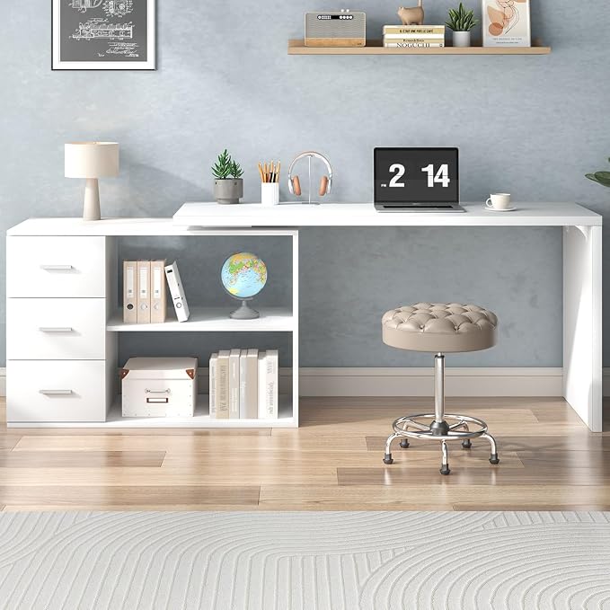 HSH White L Shaped Desk with Drawers Shelves, Corner Home Office Desk L Shape with Storage Cabinet, Large Wood Computer Desk for PC Executive Work Writing Study, Modern Living Room Bedroom Table,60 In