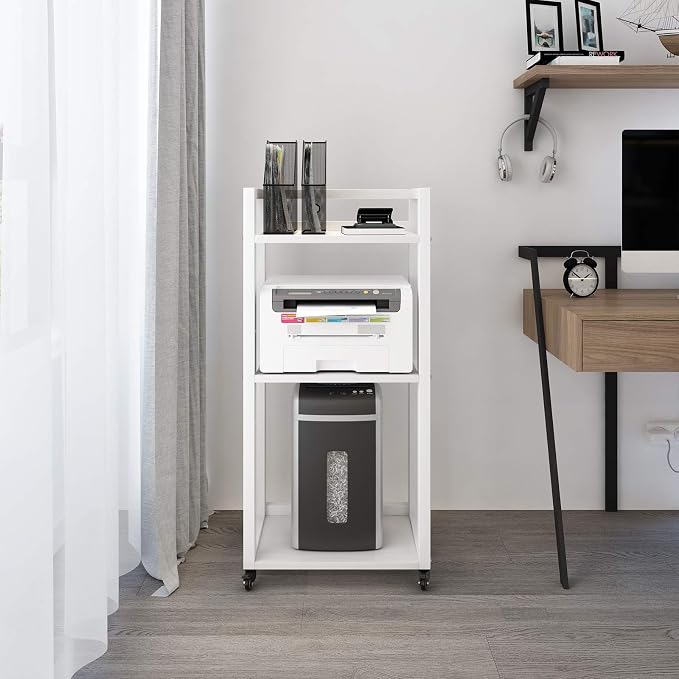 Natwind 3-Tier Movable Printer Stand Floor-Standing Desk Side Shredder Stand Computer Host Holder Adjustable Storage Shelf Rack on Wheels for Fax Scanner File Book (White)