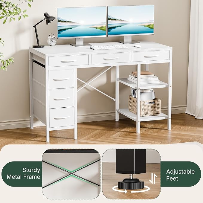 47" Computer Desk with 6 Drawers, Home Office Gaming Desks with Storage Shelves for Bedroom, Writing Study Corner Living Room Work Table White