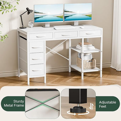 47" Computer Desk with 6 Drawers, Home Office Gaming Desks with Storage Shelves for Bedroom, Writing Study Corner Living Room Work Table White