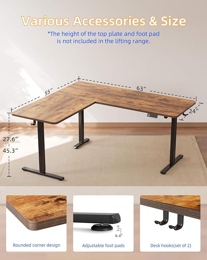 YIHAYO L Shaped Standing Desk Adjustable Height, 63 x 55 Inches Electric Corner Standing Desk with Splice Board, Computer Desk for Home Office, Rustic Brown