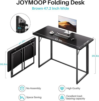 JOYMOOP Black 47.2" Folding Desk, No Assembly Small Foldable Desk for Home, Office, Wooden Top Folding Computer Desk for Working, Writing, Studying - Large Size