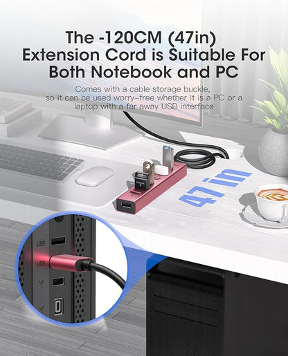 FORIDA USB Hub Long Cable 8 Ports Multiport Adapter with 7-Port USB 3.0 Data Ports, 5V/3A Type-C Power Port Splitter, USB Extender for Laptop PC and More (Rose Gold, USB A-47in)