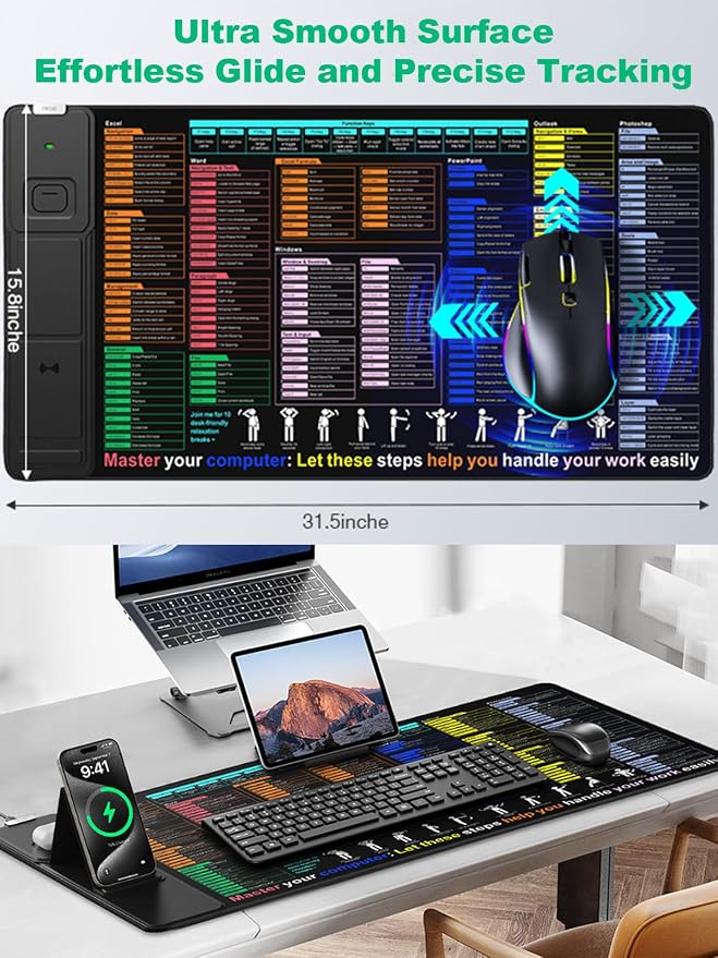 Mouse Pad with Foldable Phone Holder, Wireless Charging Desk Mat 31.5x15.75 Mousepad with Superior Micro-Weave Cloth Non-Slip Waterproof Desk Pad