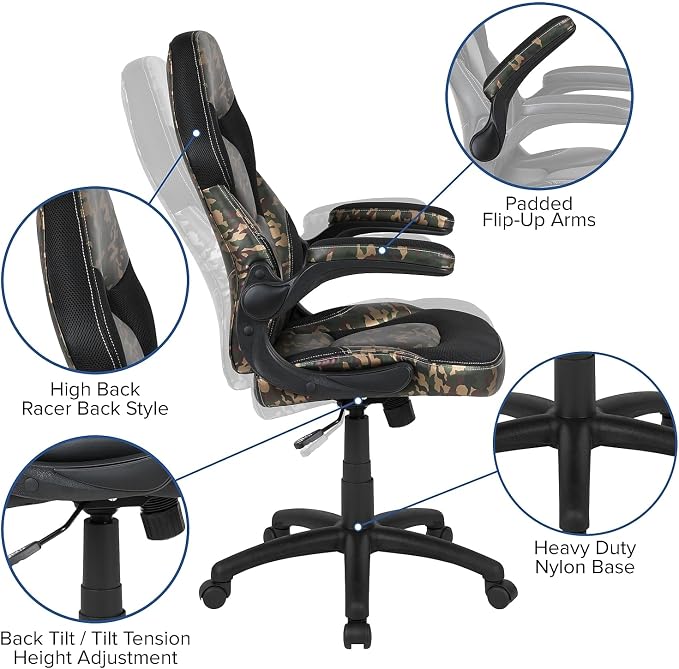 Flash Furniture X10 Gaming Chair Racing Office Ergonomic Computer PC Adjustable Swivel Chair with Flip-up Arms, Camouflage/Black LeatherSoft