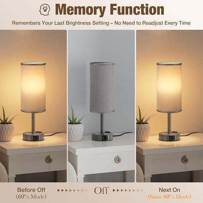 Touch Bedside Table Lamp with Memory - Stepless Dimmable Lamp for Bedroom, Small Nightstand Lamp with Dual USB Charging Ports and AC Outlet, Wood Night Light, Desk Lamp for Nursery (Grey & Grey)