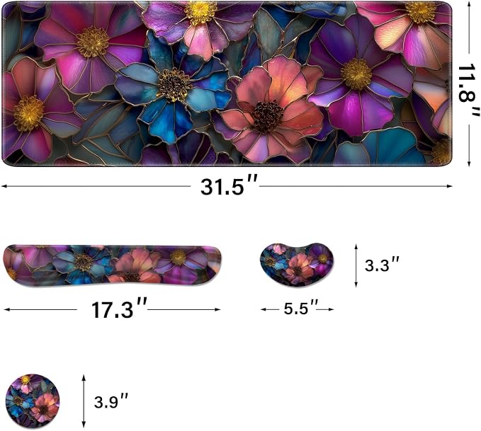 Desk Pad and Keyboard Wrist Rest, Large Mouse Pad + Keyboard Pad+Mouse Wrist Support, Non-Slip Desk Mat Protector for Office, Home 31.5×11.8 Inches Glass Flower