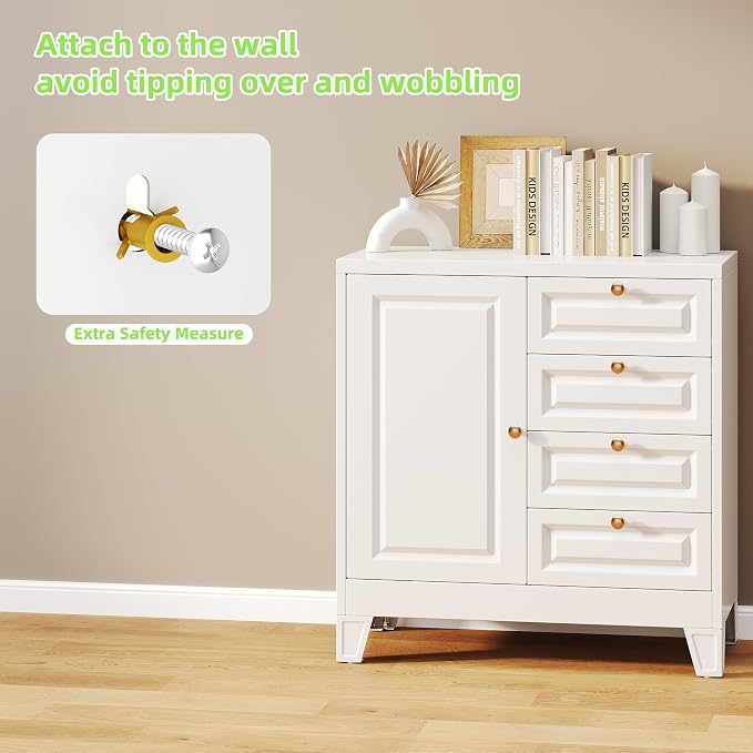 Bathroom Storage Cabinet with 4 Drawers,Metal Bathroom Floor Cabinet with Door and Shelves,Toilet Paper Storage Cabinet for Bathroom,Home,33" H x 31.5" W x 15.75" D,White