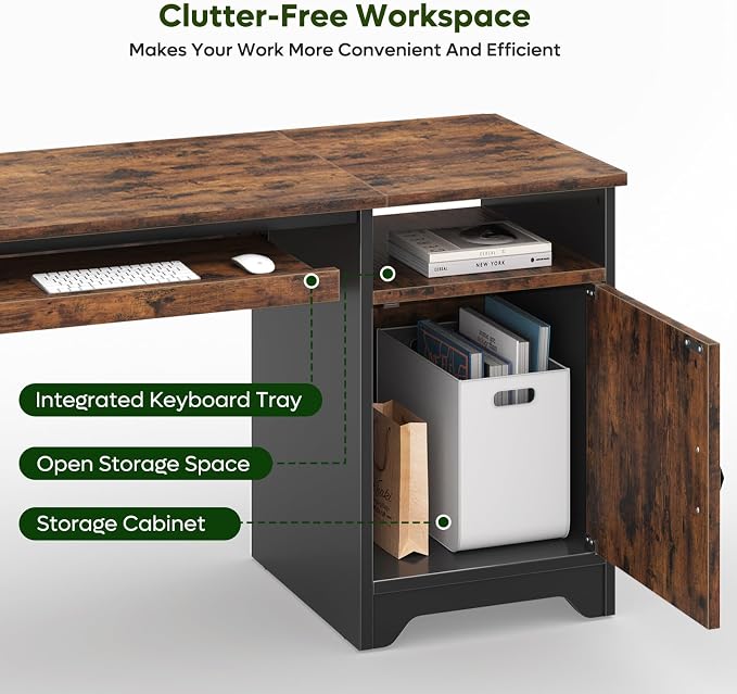 Bestier Office Desk with Keyboard Tray, 47 inch Industrial Computer Desk with Storage, Reversible Executive Desk with File Cabinet for Home Office Bedroom, Rustic Brown