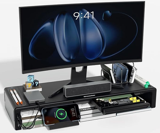 OImatser Monitor Stand Riser with USB 3.0 Hub & Type-C Port, Foldable Adjustable Computer Stand with Storage Drawer, Pen Slot & Phone Holder, Space Saving Laptop Stand for Home Office Desk Organization (Black-3.0 HUB-Adapter)