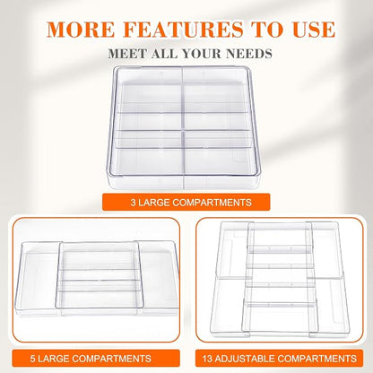 Briwooody 2 Pcs Large Expandable Acrylic Drawer Organizers, Grid Adjustable Drawer, Dividers Organizer for Desk, Makeup, Jewelry, Office, Kitchen Supplies (Clear,15 Compartments)