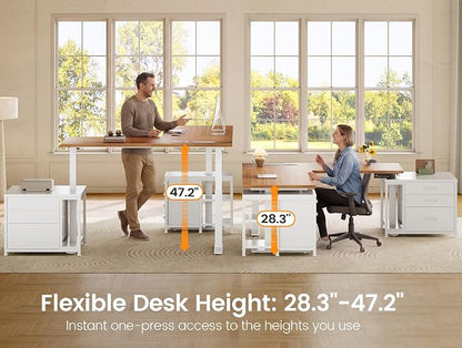 SEDETA L Shaped Electric Standing Desk with 7 Drawers, 63"×55.1" Height Adjustable Stand Up Desk with Power Outlets, 28.3"-47.2" Sit Stand Desk with Storage Shelves, 3 Memory Presets, White + Brown