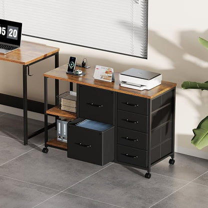 Maihail 6 Drawer File Cabinet with Charging Station Rolling Printer Stand with Open Storage Shelf Fabric Lateral Filing Cabinet for Home Office,Rustic Brown