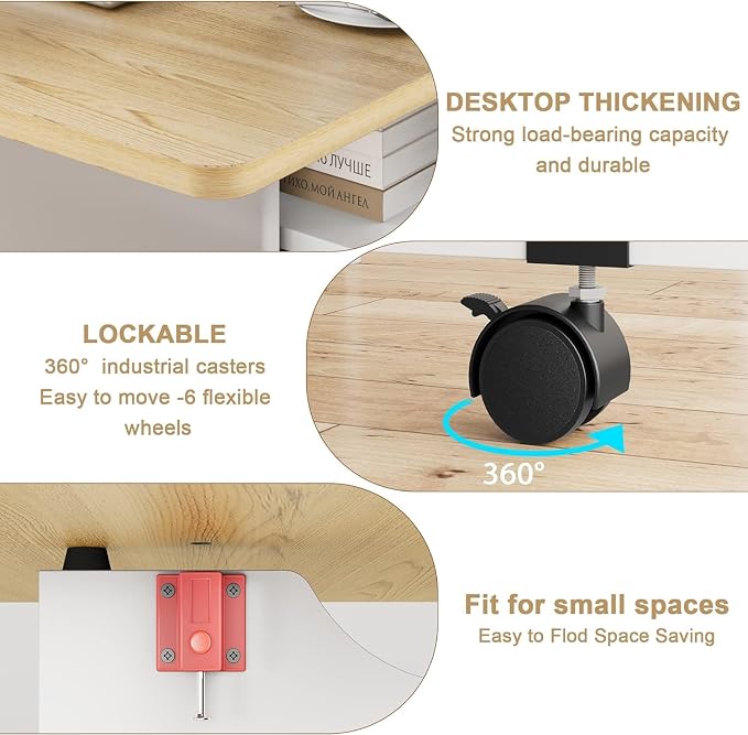 IDEALHOUSE FoldingTable, Drop Leaf Dining Table with 6 Wheels and 2-Layer Storage Shelf, Space Saving Table for Small Spaces (Natural Wood, 50.1" D x 31.4" W x 29.5" H)