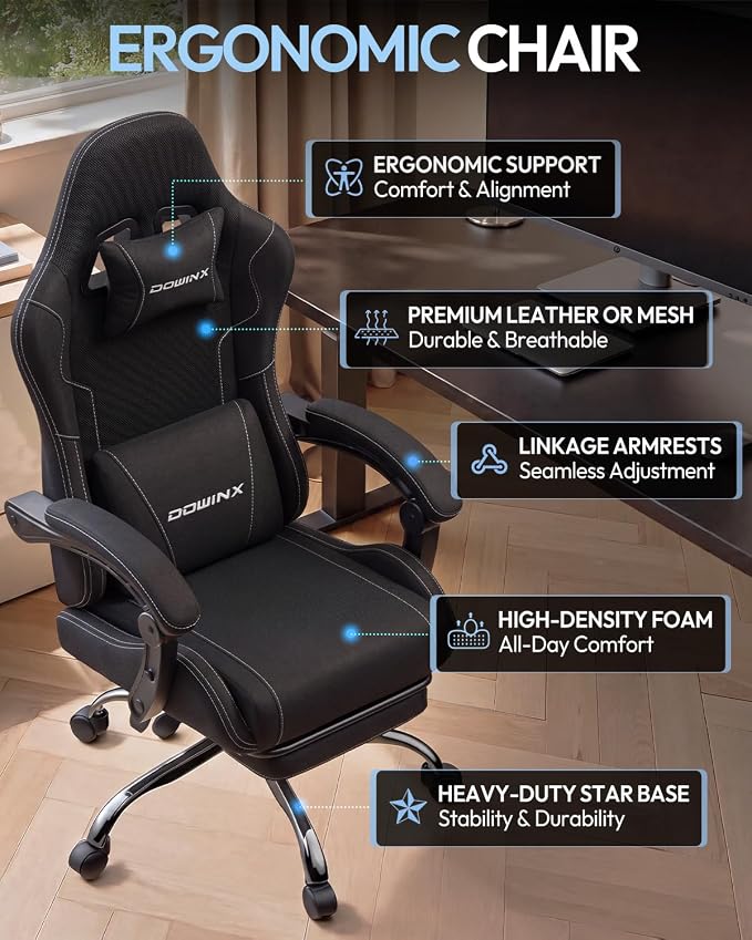 Dowinx Ergonomic Gaming Chair with Footrest & Massage Lumbar, 2D-Linkage Armrests for Computer Chair 330lbs with Headrest Pillow for Office, Home, Streaming and Long Gaming Sessions, Fabric Black