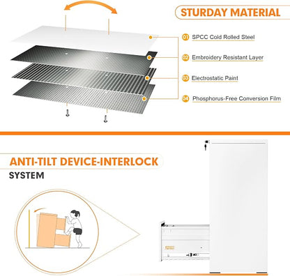 INTERGREAT 3 Drawers File Cabinet with Lock, 18" D Metal White Vertical Filing Cabinet for Hanging Folders, Easy Assemble
