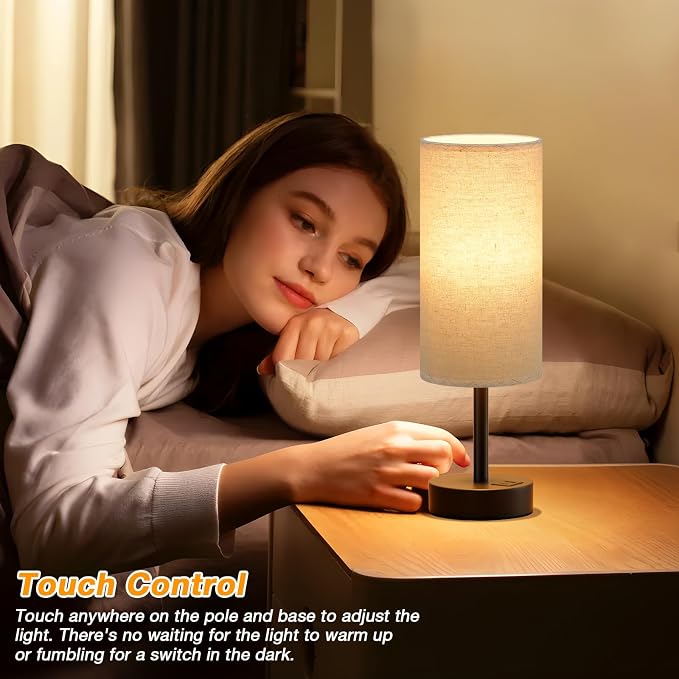 Dicoool Beige Touch Lamp for Bedroom with USB - 3 Way Dimmable Table Lamp for Nightstand, Small Lamp with Black Charging Station for Desk Dorm, Office, Nursery