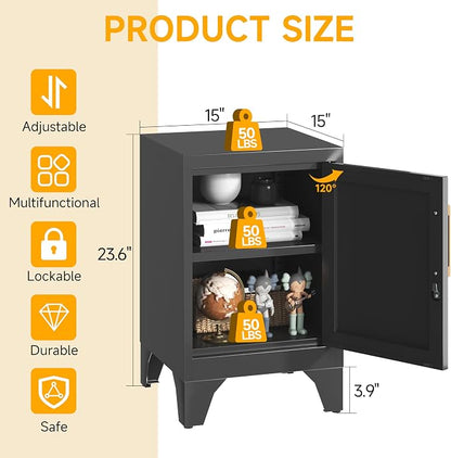 23.6"H Black Metal Locker Nightstand with 1 Lockable Door and 1 Adjustable Shelf, Small Storage Cabinet with Detachable Legs and Vintage Handle for Home Office,Living Room or Bedroom,Easy Assembly