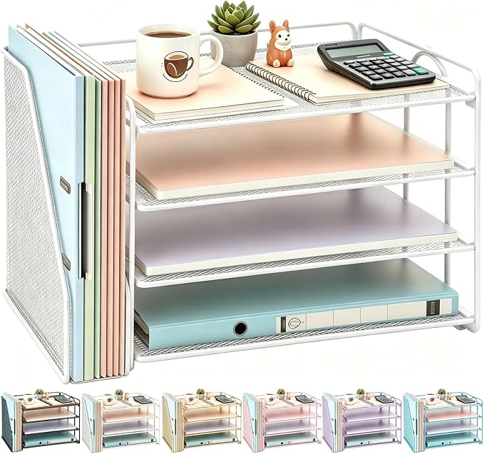 gianotter 4-Tier Paper Organizer With Magazine Holder, Desk Organizers and Accessories, Desk Accessories & Workspace Organizers, File Organizer for Office Supplies Storag (White, 4-Tier)