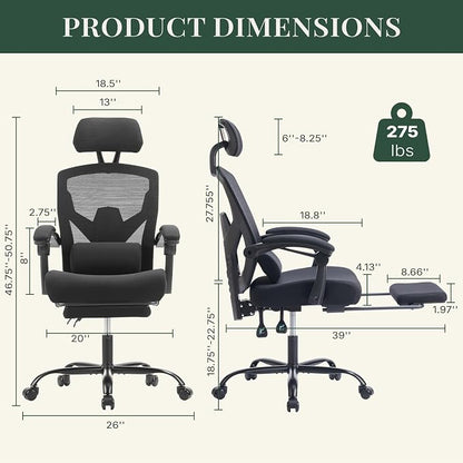 Ergonomic Office Chair with Footrest, High Back Home Desk Computer Chair with Lumbar Support & Headrest, 90-135° Reclining Mesh Back with Wheels for Work, Gaming, Black