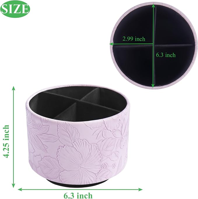 Round Leather Art Supply Organizer,Remote Control Holder,360 Degree Spinning,Multi-Functional Pencil Holder,4 Compartments Desktop Stationary Organizer(1-Carved Purple)