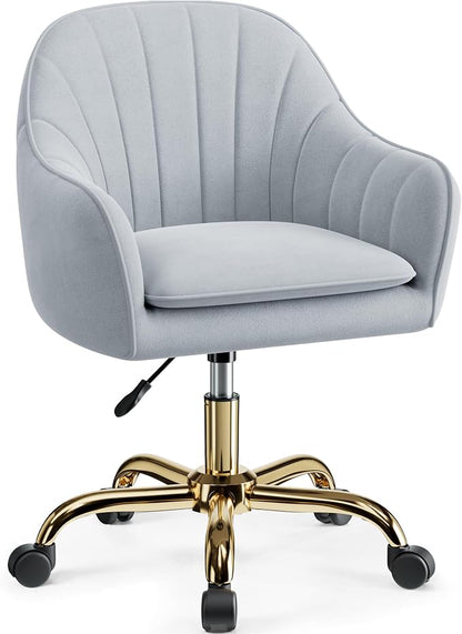 Vanity Chair with Wheels, Comfy Home Office Desk Chairs Adjustable Modern Velvet Makeup Vanity Chairs for Bedroom Living Room-Gray