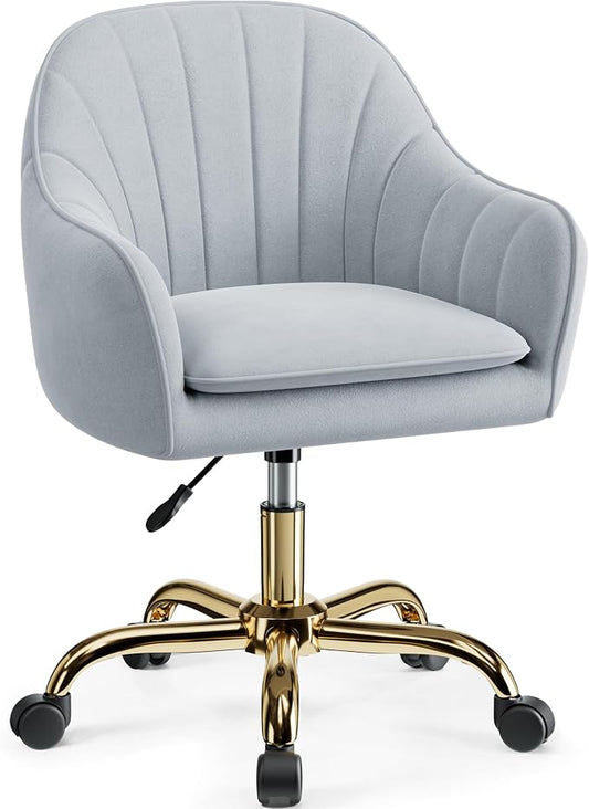 Vanity Chair with Wheels, Comfy Home Office Desk Chairs Adjustable Modern Velvet Makeup Vanity Chairs for Bedroom Living Room-Gray