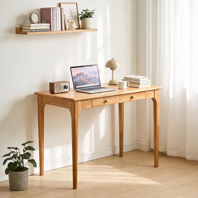 40" Solid Wood Desk with Drawers,Mid Century Modern Natural Real Wood Writing Desk,Home Bedroom Computer Office Workstation Desks,Small Spaces,Wood Color