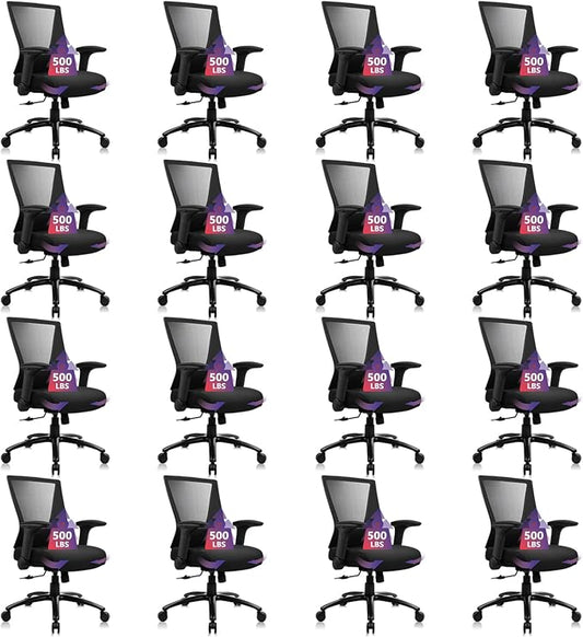 CLATINA Big and Tall Office Chair Heavy Duty Ergonomic Desk Chair 500lbs with Flip-up Arms & Wide Thick Seat Cushion Home Executive Swivel Mesh Chair for Study, Conference, Black, 16 PK